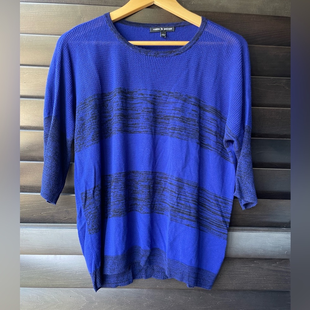 Cable & Gauge Blue And Black Large Knit Short Sleeve Sweater Stripe